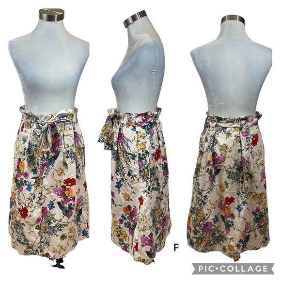 Carolina Belle Ivory Floral Print Midi Length Skirt with Matching Belt Size 12 - Picture 1 of 16